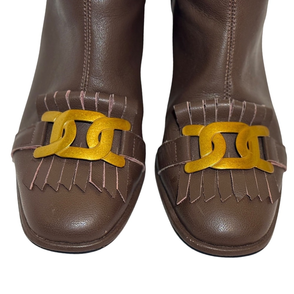 Vero Cuoio Brown Leather Kiltie Fringe Gold Chain Block Heel Ankle Boot Size 8.5 - Picture 4 of 6